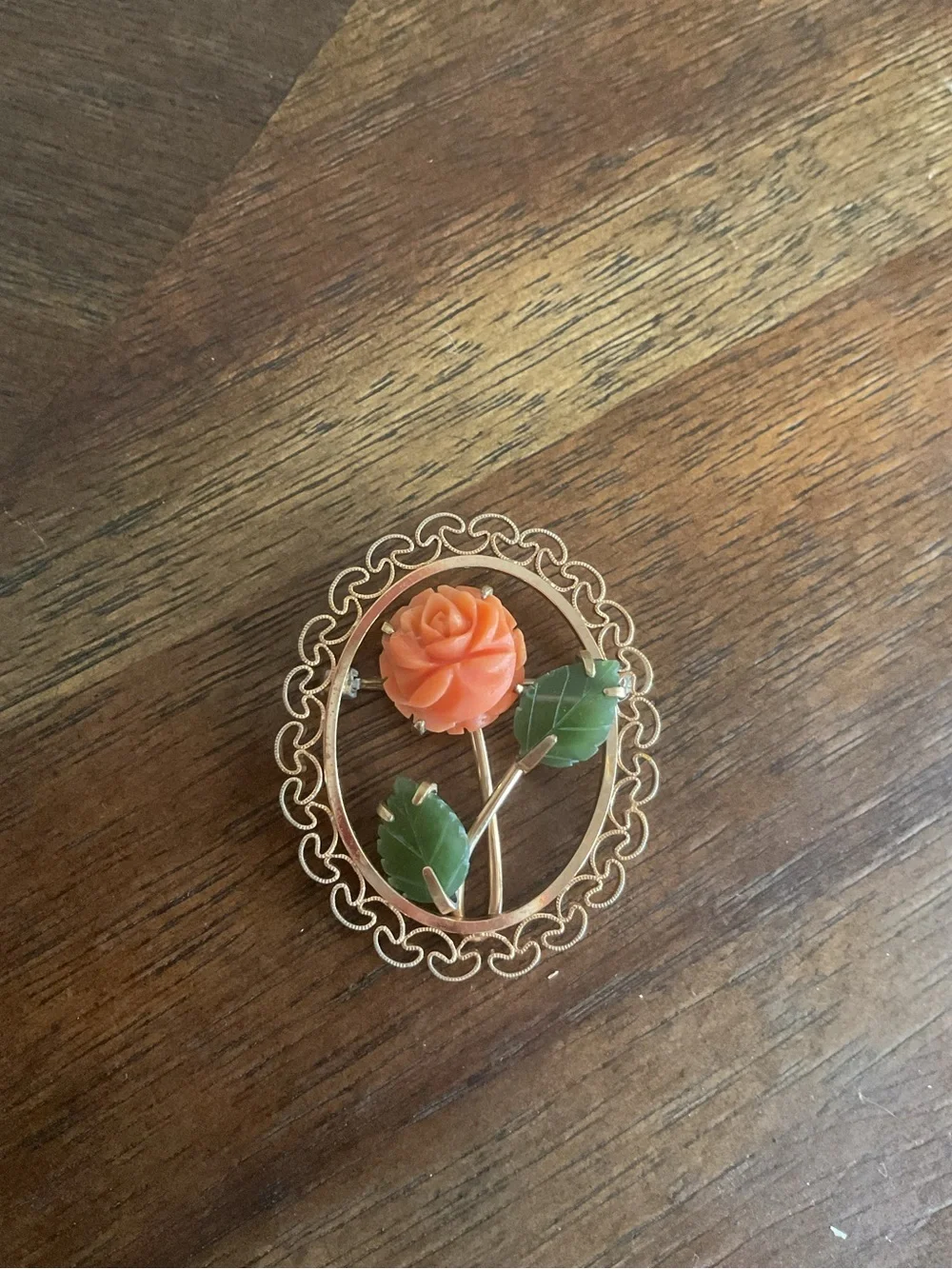 Krementz Carved Coral and Jade Rose Flower Filigree Brooch